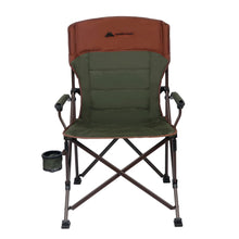 Folding camp chair with padded brown headrest and dark green seat and back