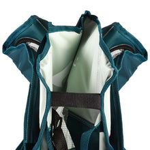 Oversized mesh camping chair in teal carry bag, shown open with interior mesh panels