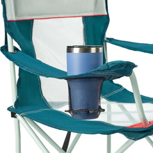 Oversized mesh camping chair seat with cup holder and teal armrests