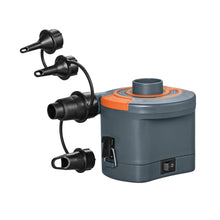Electric air pump with orange ring top and black nozzle adapters, showing side control switch