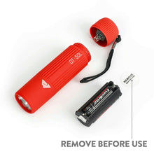 Red mini LED flashlight with AAA battery pack shown alongside