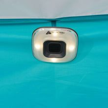 Sun shelter tent roof vent with clear dome and teal fabric panel