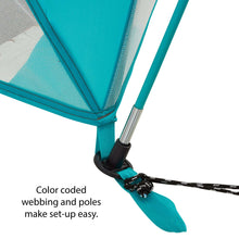 Teal tent pole base with color-coded webbing and stake loop anchor