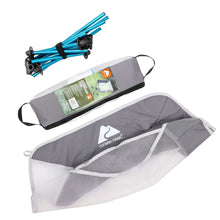 Carry bag and ultralight chair with turquoise legs, gray mesh seat and back