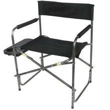 Folding director's chair with side table, black fabric seat and back, metal frame