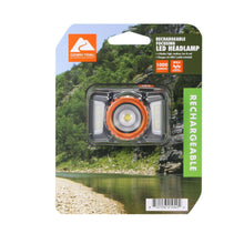 Rechargeable focusing LED headlamp blister pack with orange ring light graphic