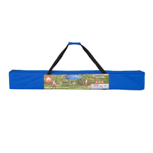 Blue canopy carry bag with label panel and black carrying straps
