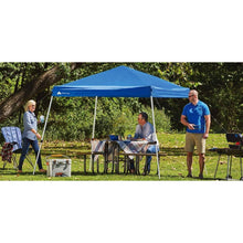 Blue pop-up canopy shelter with peaked roof and four support legs