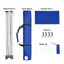 Canopy kit parts: blue top, carry bag, frame pieces, ropes, and stakes