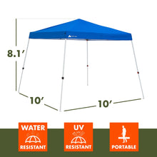 Blue slant-leg pop-up canopy with four legs and peaked roof
