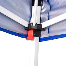 Canopy frame connector with red latch and black bracket on white poles