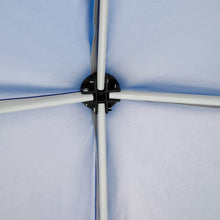 Canopy corner base with leveling knob on white frame legs under blue fabric
