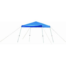 Blue slant-leg pop-up canopy with peaked roof and four support legs