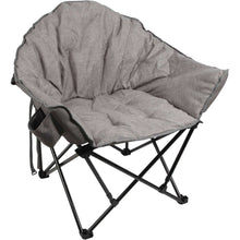Gray folding camping chair with padded seat and armrests, black metal frame