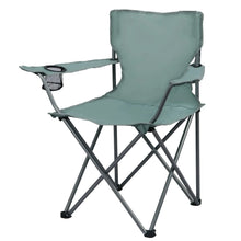 Folding camp chair, green padded seat and back, black X-frame legs