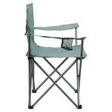 Folding camp chair with side armrests, green fabric seat, black cross-braced frame