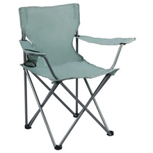 Folding camp chair with armrest padding, green seat and back, black folding legs