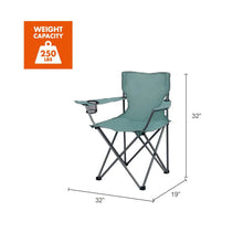 Folding camp chair; 250 lbs weight capacity label with green chair size dimensions
