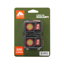 2-pack LED headlamps in blister packaging with adjustable head straps and circular lenses