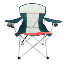Oversized mesh camping chair with teal fabric, red trim, and white steel legs