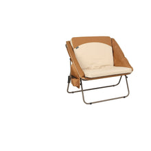 Brown and beige padded foldable camping chair with side storage pocket