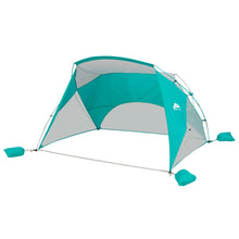 Teal and gray sun shelter tent with open sides and mesh panels, 8 ft x 6 ft