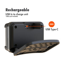 Rechargeable headlamp rear panel with USB Type-C charging port and vented base