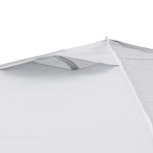 White canopy roof section with fabric seam and arch-shaped vent panel