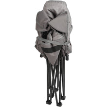 Gray folding camping chair showing back with carry pockets and black folding legs