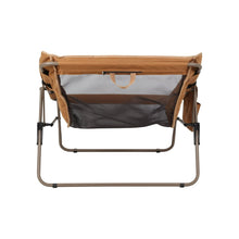Brown folding camping chair with beige top and gray storage under-panel
