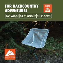 Ultralight backpacking chair with turquoise frame and gray mesh seat and back