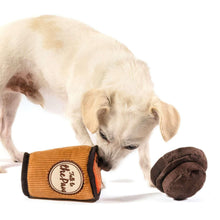 Coffee cup plush dog toy on orange body with brown lid