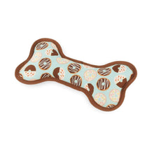 Bone-shaped plush dog toy with food icons and brown trim