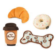 Plush dog toy bundle: croissant, donut, coffee cup and bone shapes