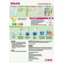 PAAS egg decorating kit instruction panel with dye cups, dippers, stickers, and tools