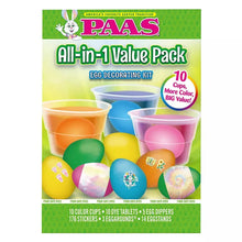 PAAS All-in-1 egg decorating kit box with dye cups, stickers, and colored egg pieces