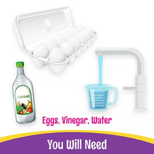 Egg decorating kit instruction graphic with eggs, vinegar, and water setup