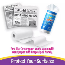 Egg decorating kit tip graphic showing wipe container and covered work surface
