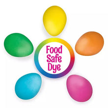 Food-safe egg dye set with five colored eggs: green, yellow, orange, blue, pink