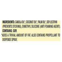 Cooking spray ingredients label listing canola oil, coconut oil, palm oil, soy lecithin