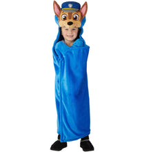 Blue plush hooded throw with tall hood and loose arm openings for kids