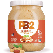 PB2 crunchy powdered peanut butter jar with small peanut pieces, front label visible