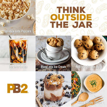 Peanut powder jar usage collage showing popcorn, coffee, ice cream, cookies, and yogurt