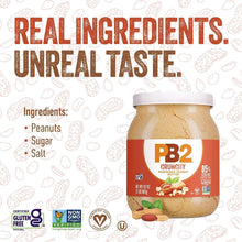 PB2 crunchy powdered peanut butter jar, ingredients list and front label