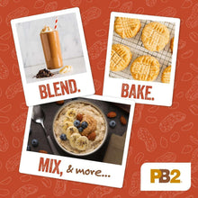 PB2 jar with Mix, Blend, and Bake recipe cards and peanut butter powder