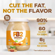 PB2 Original powdered peanut butter jar with orange label, white lid and tan powder