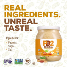 PB2 Original powdered peanut butter jar, tan powder with orange label and white lid