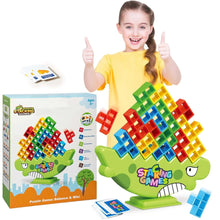 Dinosaur-shaped balance stacking toy with multicolor square blocks on a green base