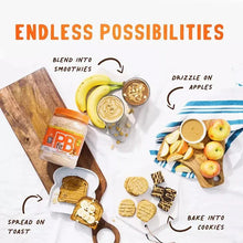 Roasted peanut powder jar with smoothie, toast, cookies, and drizzle on apples graphic