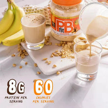 Roasted peanut powder jar with bananas, powder, and creamy drink in glasses